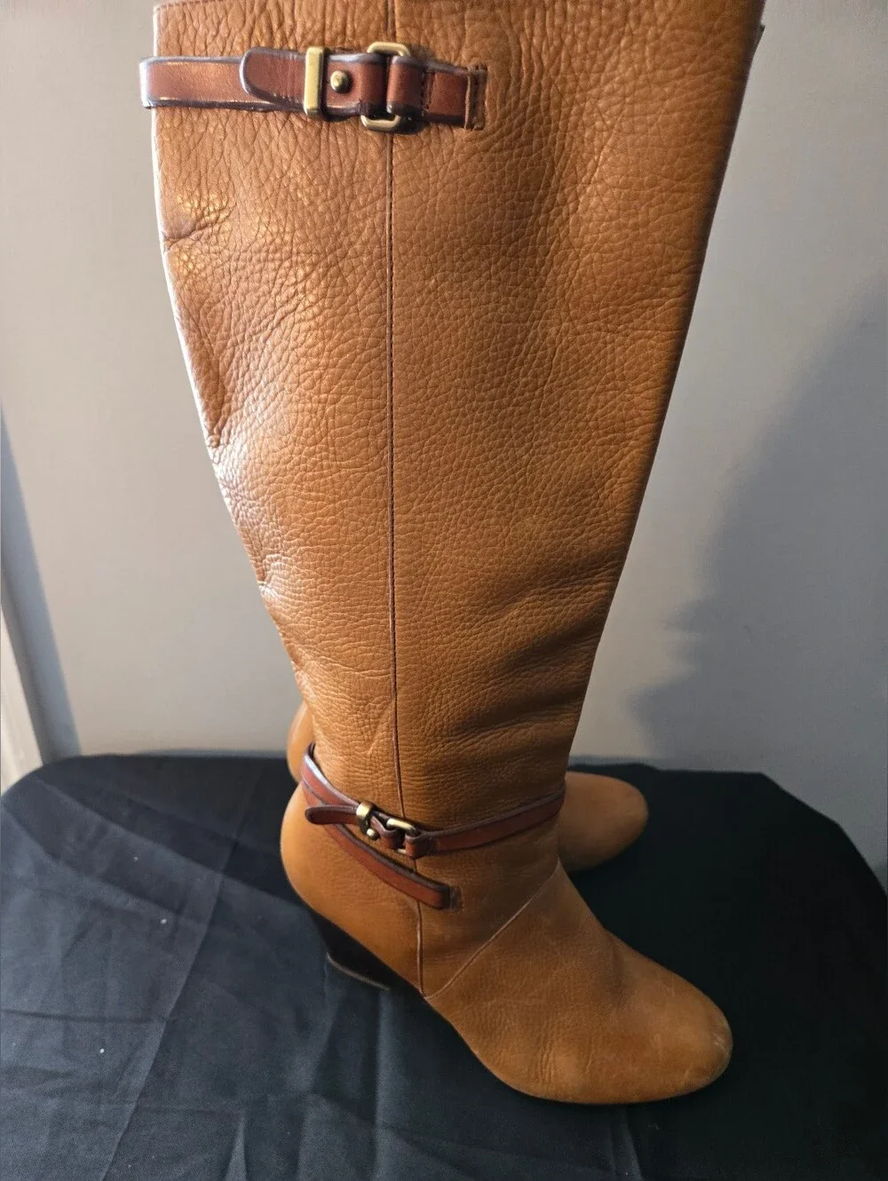Coach Della Tall Wedge Knee High Boots Cognac Pebbled Leather Women's Size 9B